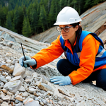 A professional female geologist in modest field attire, wearing safety glasses, meticulously examining a striking geological rock outcrop. She is pointing to a distinct K-Pg boundary layer, rich with visible stratigraphic markers. The setting is a bright, outdoor excavation site, illuminated by natural light. Fully clothed, appropriate attire, safe for work, professional, perfect anatomy, correct proportions, natural pose, well-formed hands, proper finger count, natural body proportions, high quality professional photography.