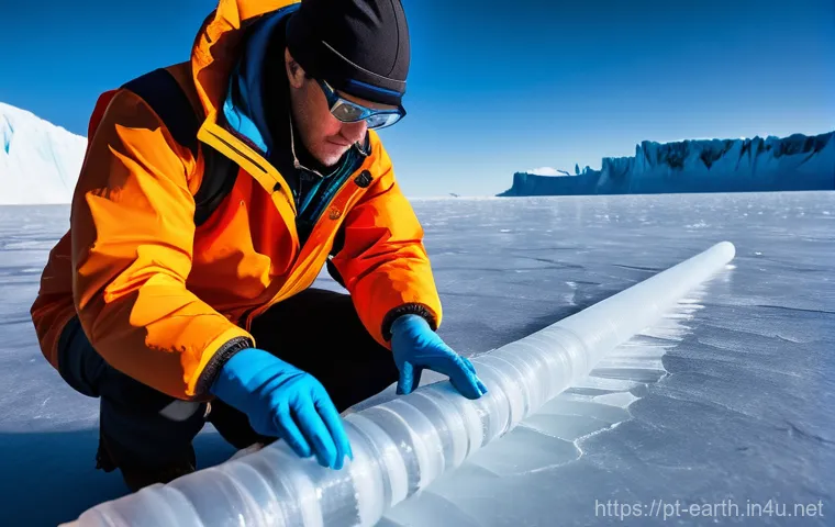 지구과학과 빙하 변화 - **Prompt:** A scientific expedition team, clad in warm, practical winter gear, meticulously examines...