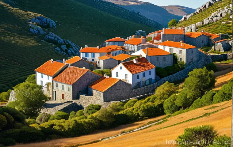 지구과학과 암석의 순환 - **"Granite Village in Serra da Estrela"**: A panoramic, realistic photograph of a quaint traditional...