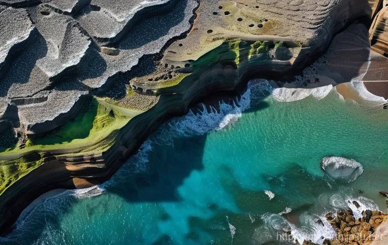 지구과학과 플라스틱 오염 - **Prompt:** A close-up, highly detailed shot of a "plastiglomerate" rock formation on a rugged, sun-...