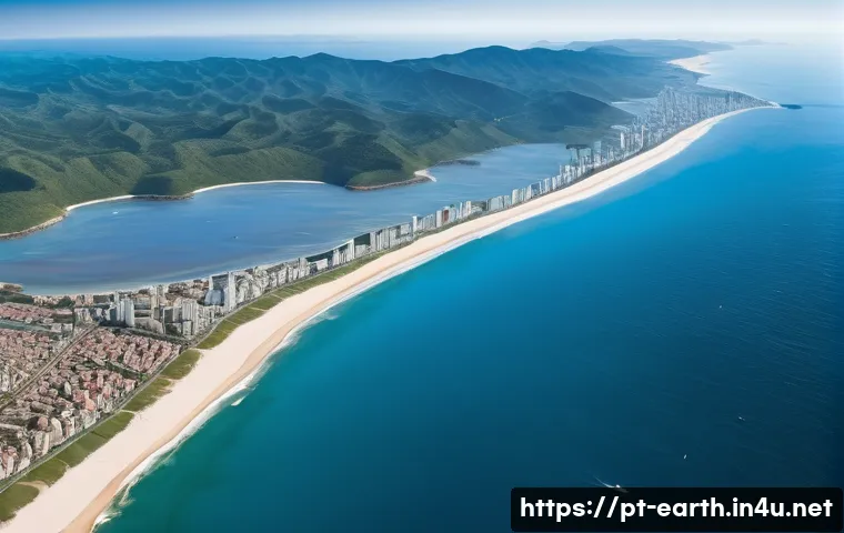 지구과학과 해수면 상승 - A detailed aerial view of the southeastern Brazilian coastline showing the gradual thermal expansion...