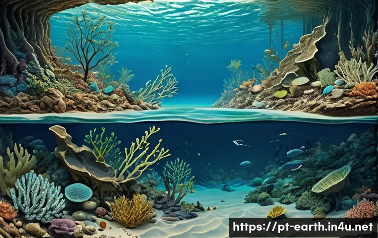 지구과학과 원유 형성 - A detailed cross-sectional illustration of an ancient marine environment showing layers of accumulat...