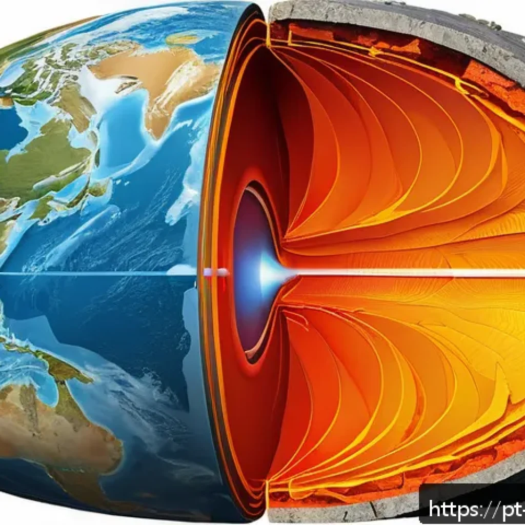 지구과학과 지질 구조 분석 - A detailed cross-sectional illustration of Earth’s internal layers, showing the crust, mantle, outer...