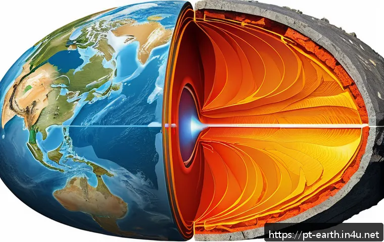 지구과학과 지질 구조 분석 - A detailed cross-sectional illustration of Earth’s internal layers, showing the crust, mantle, outer...