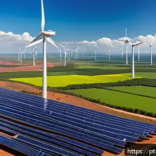 Home 17 지구과학과 재생 가능 에너지 - A panoramic view of a large solar and wind energy park in Brazil’s Northeast region, showcasing rows...