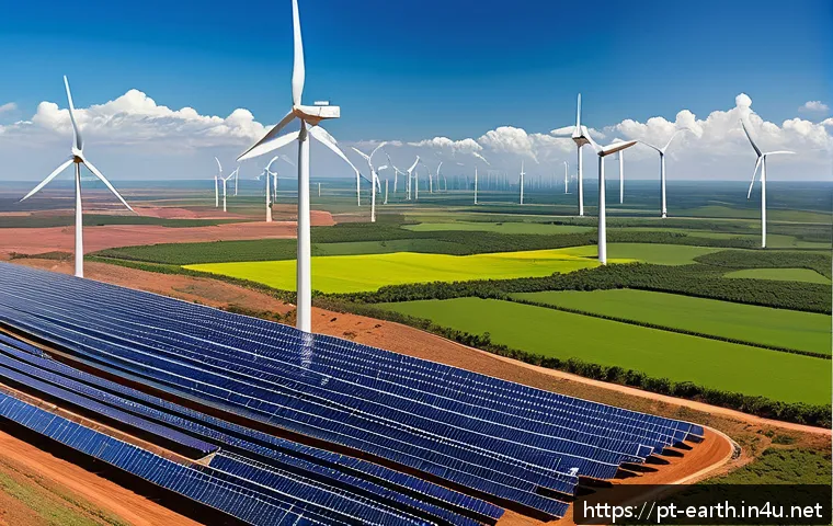 지구과학과 재생 가능 에너지 - A panoramic view of a large solar and wind energy park in Brazil’s Northeast region, showcasing rows...