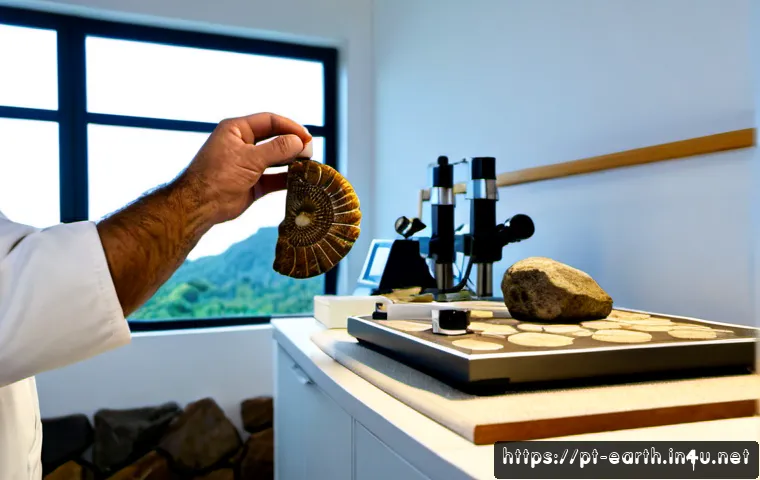 지구과학과 화석 연대 측정 - Photorealistic geology laboratory in Brazil, a middle-aged scientist wearing protective glasses care...
